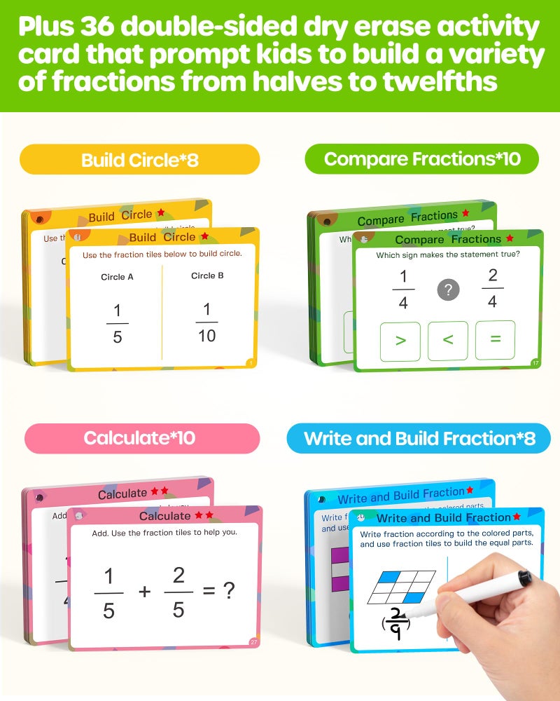 D-FantiX Wooden Fraction Educational Puzzle, Wood Fraction Tiles & Fraction Circles Set, Math Manipulatives for Elementary School, Montessori Fraction Manipulatives Games Learning Toys for Kids - Image 5